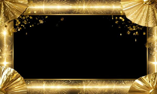 New Years Eve corner border banner of glittery gold stars, streamers, decorations and noisemakers. Top view on a black background. with copy space