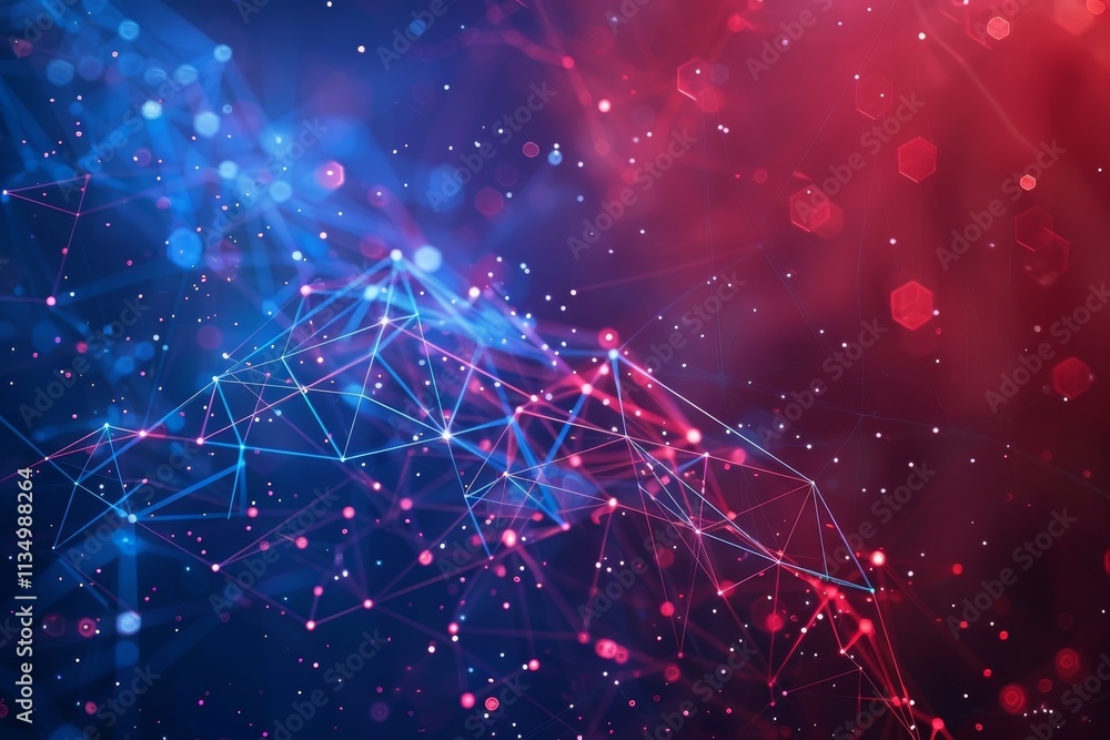 Poster a vibrant display of swirling red and blue lights forms a network of interconnected lines and dots, 