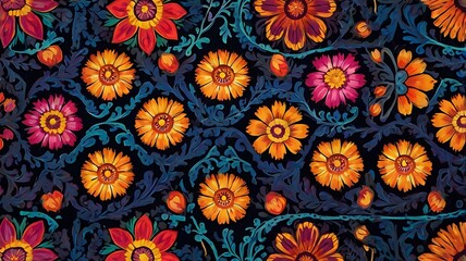 Vivid Floral Pattern Colorful Flowers Dark Background