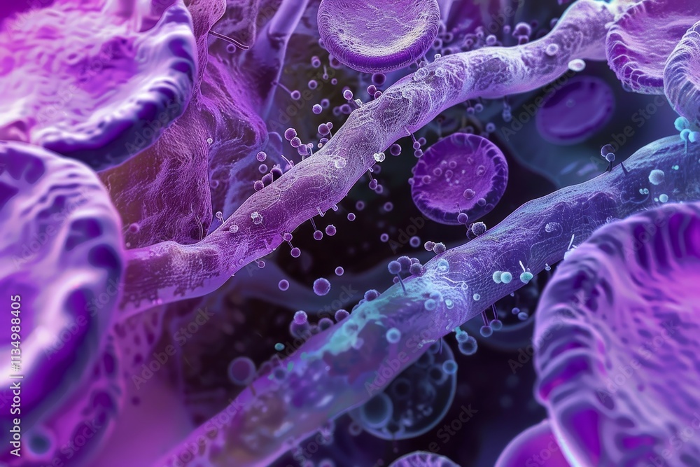 Poster this vibrant depiction showcases cellular structures and microorganisms, highlighting their complexi