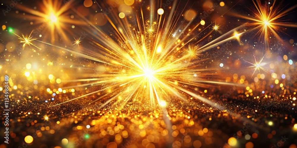 Poster glowing starburst explosion with sparkles and rays - golden light flare firecracker effect featuring