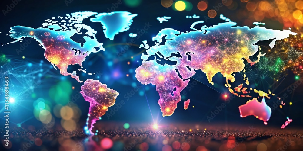 Poster glowing world map in 3d illustration with bokeh effect, perfect for global connectivity and digital 