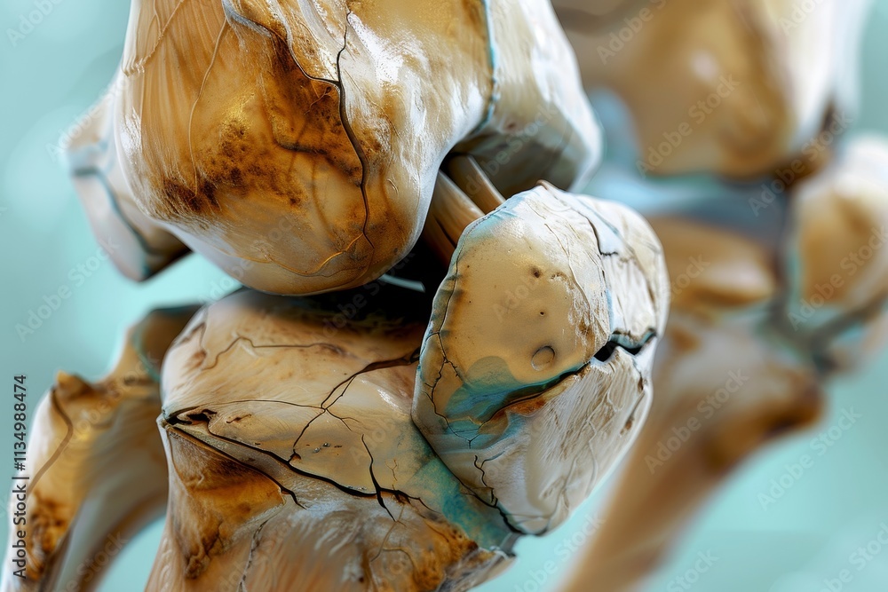 Poster a close-up exploration of a human knee joint showing intricate details of damaged cartilage and bone