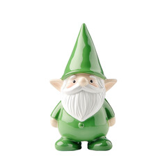A green ceramic gnome figurine with a pointed hat and a white beard, featuring a friendly expression and dressed in a matching green outfit isolated on white background