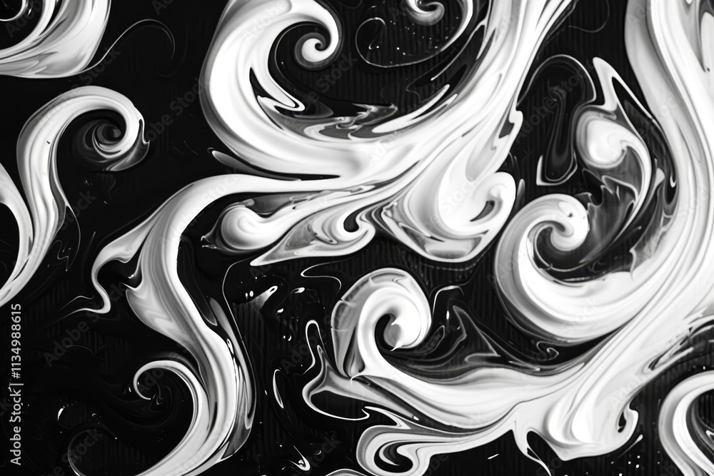Poster dramatic black and white swirling patterns display a fluid artistic design, featuring intricate shap