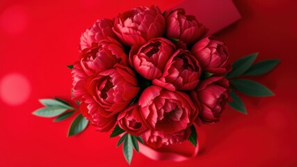A vibrant bouquet of crimson peonies with lush green leaves, set against a bold red backdrop, creating a stunning visual symphony of color and elegance.