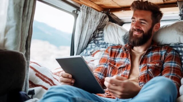 Man relaxing in a cozy campervan while using a digital tablet