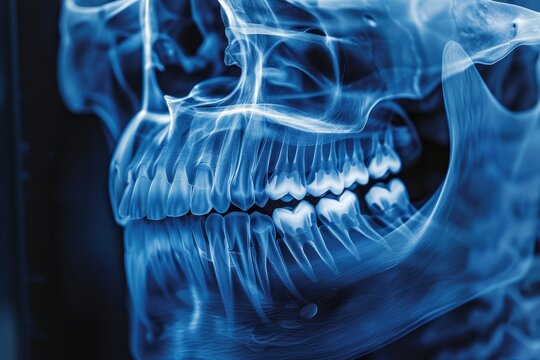 A clear X-ray displays the intricate details of a human skull, emphasizing the dental structure and jaw alignment within a medical environment.