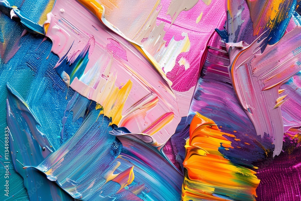 Poster bright, textured layers of paint in various colors blend together, creating a vivid abstract composi