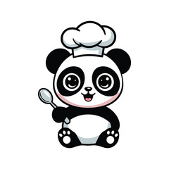 A cute panda bear wearing a chef's hat, sitting and holding a spoon, with a happy and friendly expression