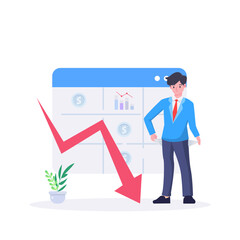 Fototapeta premium Business fail. Graph down. Sad unhappy office worker. Vector flat cartoon illustration