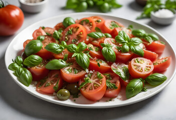 Simple tomato salad featuring fresh basil and sea salt on a clean white plate, with parsley and olive oil for flavor, ai.