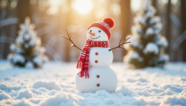 Cheerful snowman with red scarf and hat in snowy winter forest