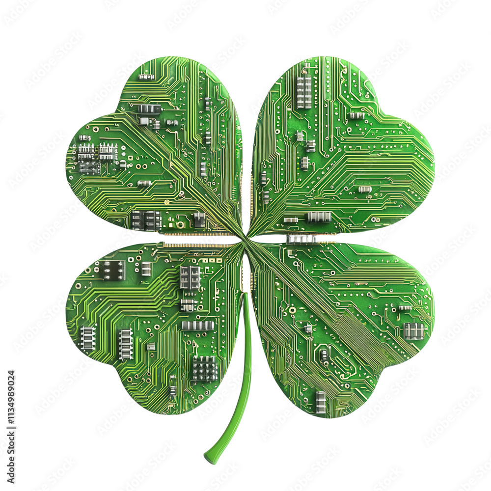Poster a green four-leaf clover designed with intricate circuit board patterns, symbolizing a fusion of nat