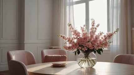 Elegant dining area featuring a vase of pink flowers on a round table with soft natural light streaming through the windows in a modern interior space