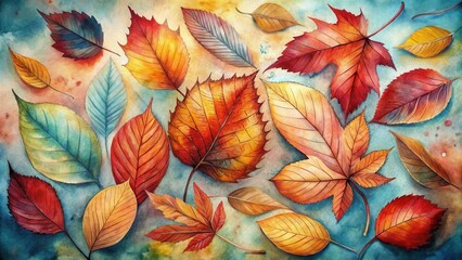 Watercolor painting depicting a variety of autumn leaves in shades of red, yellow, orange, and green on a blue background