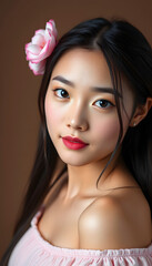 Close up portrait beauty shot of Beautiful Asian girl looking at camera isolated on brown background with copy space, simple style, with white tones