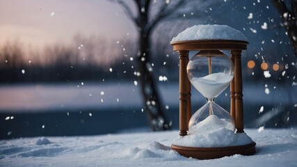Snow-covered hourglass rests in a winter landscape with falling snowflakes at dusk near a serene body of water