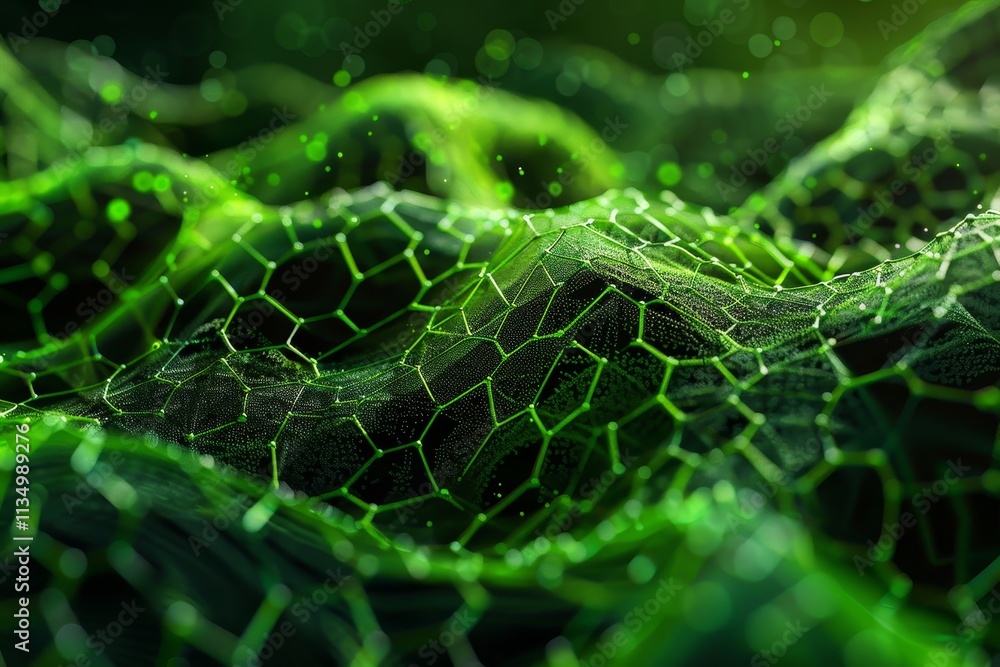 Poster this structure features a dynamic green surface displaying complex hexagonal formations, enhanced by