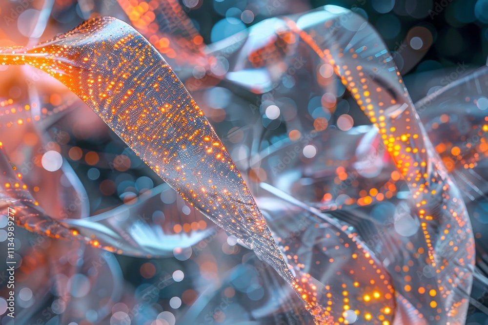 Poster colorful ribbons twist and flow through the air, illuminated by sparkling lights that enhance their 