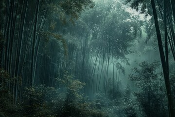 Obraz premium A serene bamboo forest shrouded in mist invites calmness, with tall green stalks reaching towards the sky amidst soft, diffused morning light.