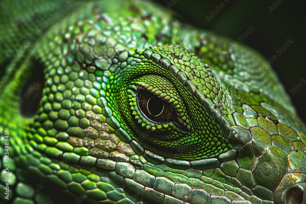 Poster the close-up captures the intricate patterns and textures of a green lizard's scales, emphasizing it