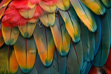 Obraz premium A close-up view reveals the stunning colors and patterns of parrot feathers, showcasing bright reds, yellows, and greens in their natural setting, highlighting the beauty of wildlife.