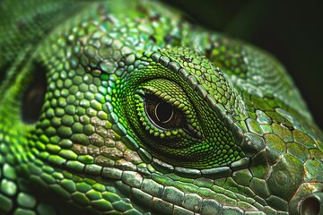 Fototapeta premium The close-up captures the intricate patterns and textures of a green lizard's scales, emphasizing its striking eye and rich colors against a dark background.
