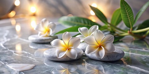 White Plumeria Flowers Resting on Smooth Grey Stones with a Blurred Background of Soft Golden Lights and Green Leaves