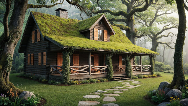 Charming log cabin with green roof nestled in a tranquil forest