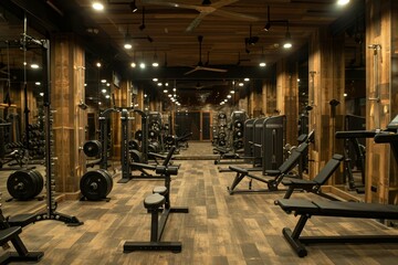 The gym offers a range of workout equipment, including weights and benches, complemented by a warm wooden interior and ample lighting, creating a motivating atmosphere for exercise.