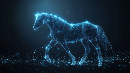 A futuristic horse icon glowing with performance data, symbolizing online equestrian platforms, smart training tools, and digital horse care resources. 