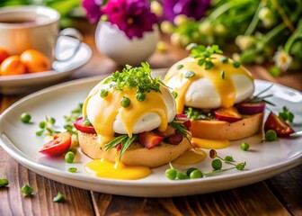 Gourmet Eggs Benedict on a Large White Plate with Fresh Herbs, Hollandaise Sauce, and Perfectly Poached Eggs, Capturing the Essence of a Luxurious Brunch Experience
