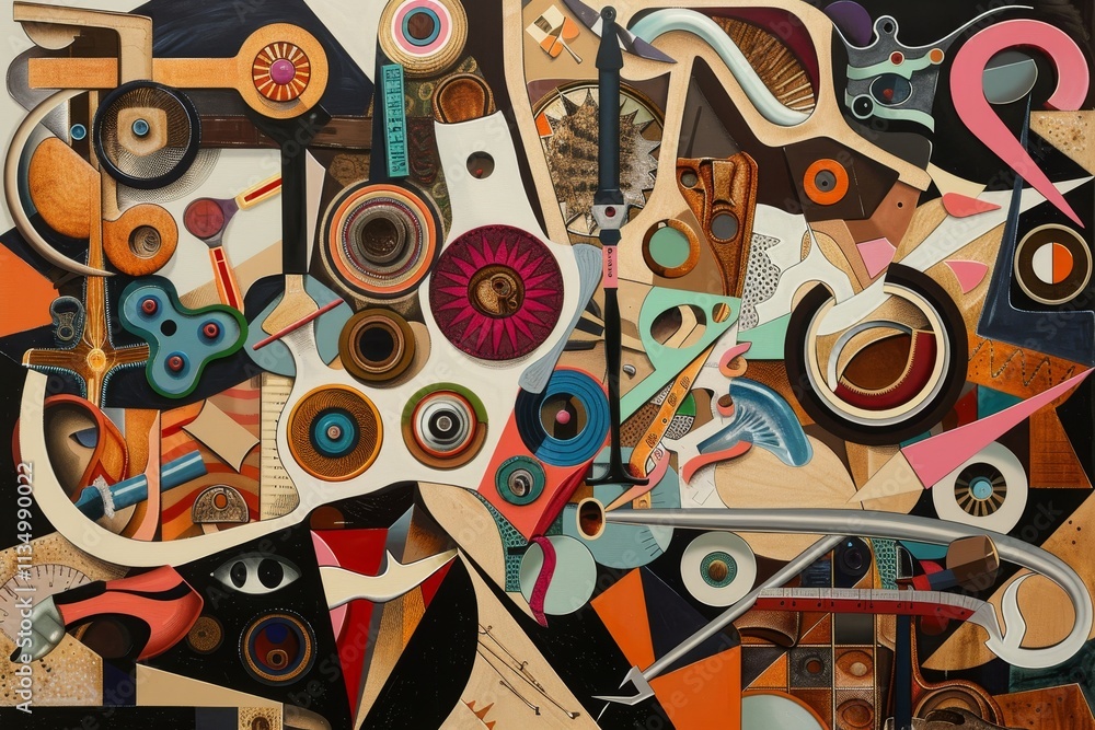 Poster a dynamic composition featuring a variety of abstract shapes, textures, and colors that captures the