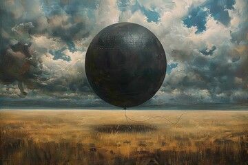 A massive black balloon is suspended in the air above an expansive, barren landscape. Dark clouds swirl dramatically in the twilight sky.