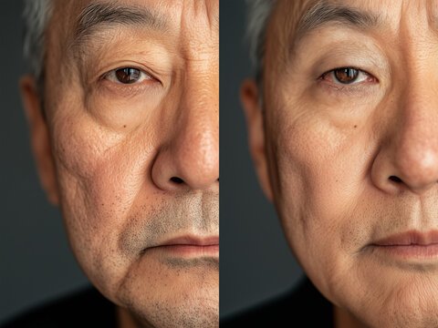 before and after facial rejuvenation asian man in 60s, filler, wrinkles, facelift, cosmetic surgery, close up