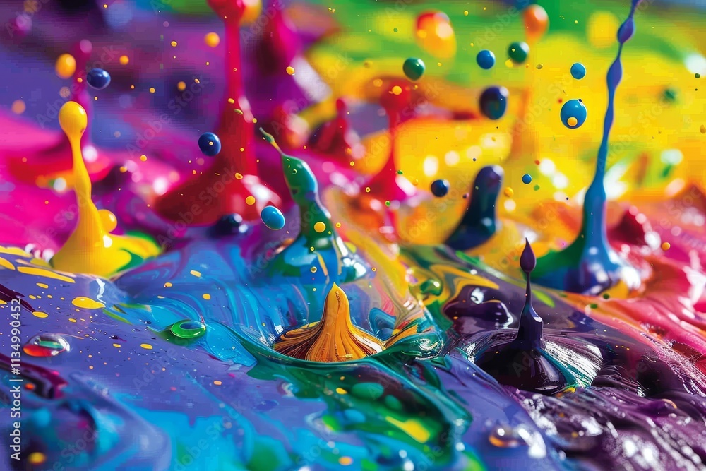 Poster vivid splashes of paint erupt in various colors, creating a mesmerizing display on a vibrant surface