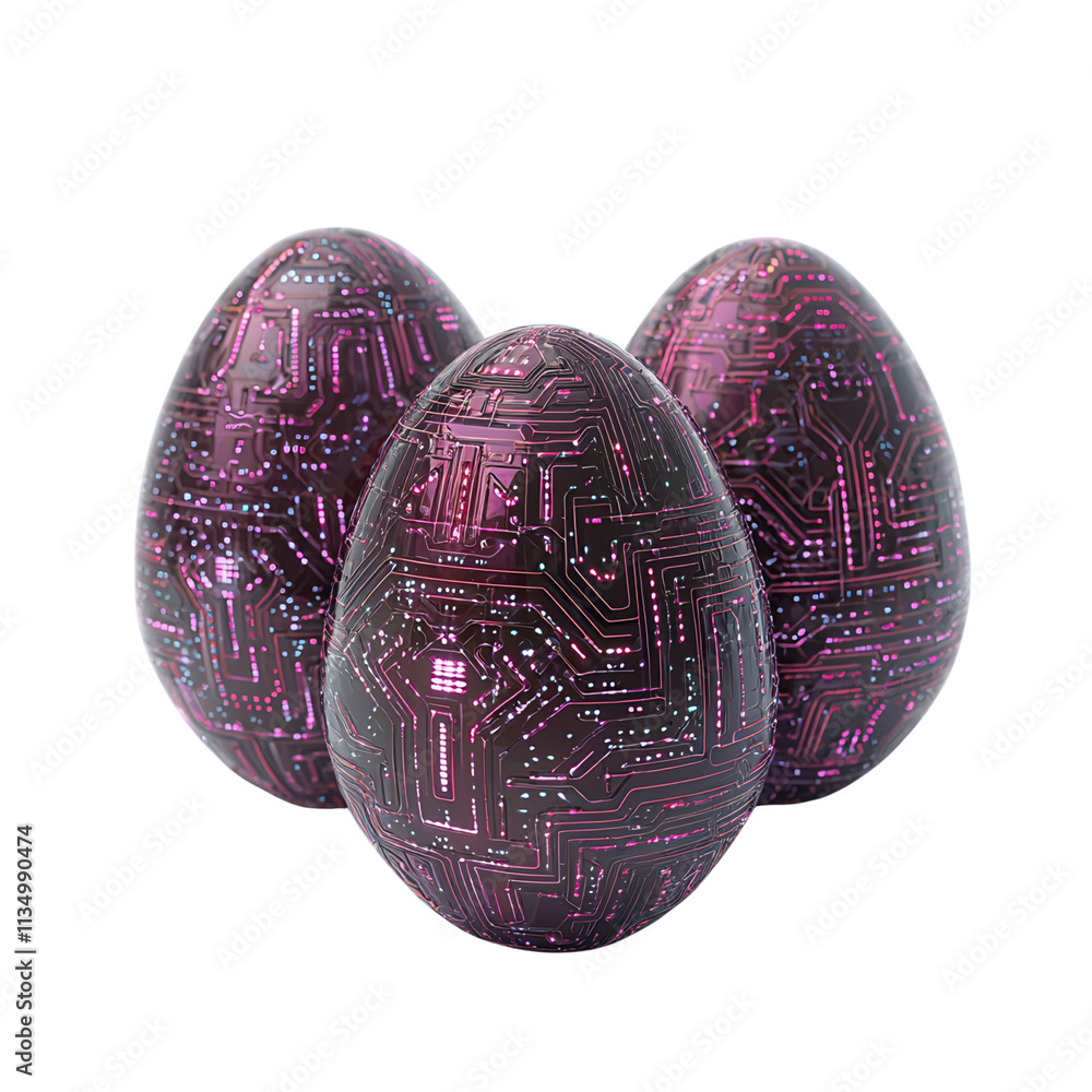 Poster three glossy, purple eggs adorned with intricate circuit patterns, showcasing a blend of technology 