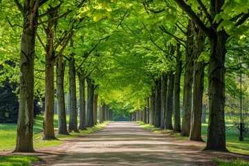 Fototapeta premium A tranquil pathway is flanked by tall trees with vibrant green foliage, creating a serene atmosphere in a park during a sunny day.