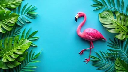 A Pink Flamingo Stands Amidst Lush Tropical Foliage on a Vibrant Blue Background