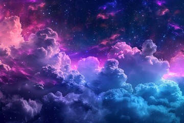 Fototapeta premium A vibrant display of clouds glows with shades of pink, purple, and blue, set against a starry sky, evoking a serene and mystical atmosphere at night.