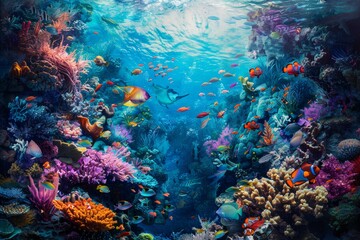 Obraz premium A colorful coral reef is bustling with diverse marine life, featuring numerous fish swimming among bright coral formations in bright blue water.