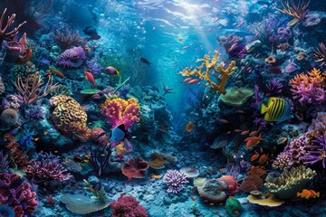 Fototapeta premium A colorful coral reef teems with diverse marine life as sunlight filters through the water, illuminating the underwater ecosystem with vibrant hues.
