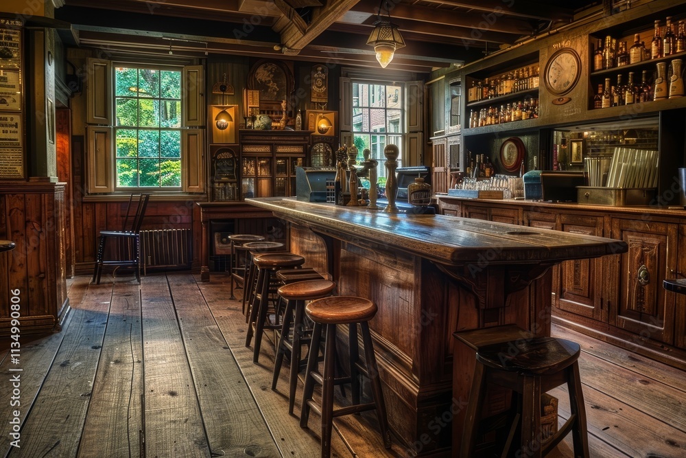 Poster a rustic bar features wooden counters and stools, with sunlight filtering through windows. shelves a