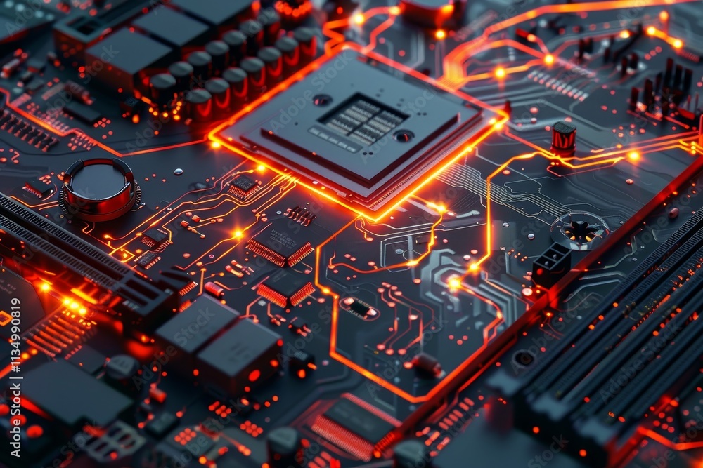 Poster a detailed circuit board is illuminated by vibrant orange pathways, highlighting the complexity of e