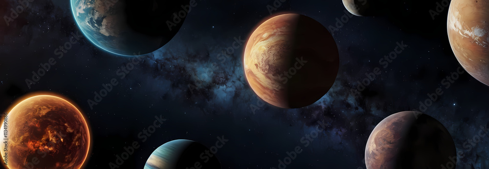 Poster celestial tapestry: a vibrant array of planets, each a swirling vortex of color and texture, dance a