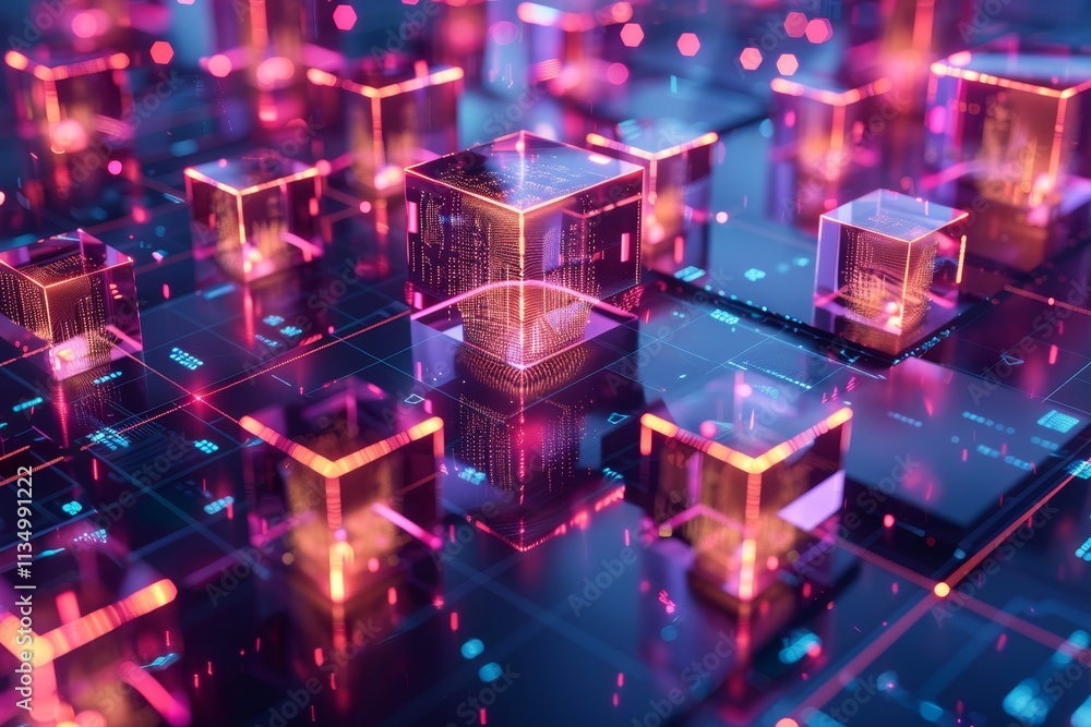 Poster futuristic digital blocks illuminated in vibrant colors sit on a complex grid, showcasing a blend of