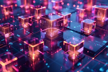 Futuristic digital blocks illuminated in vibrant colors sit on a complex grid, showcasing a blend of technology and abstract design set against a dark background.