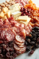 top-down view of charcuterie board filled with cured meats cheeses and dried fruits illuminated by soft ambient lighting