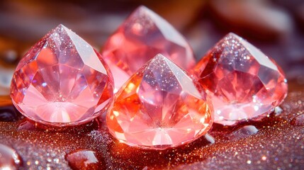 Delicate pink gemstones shine brightly, capturing warm light as if kissed by the sun